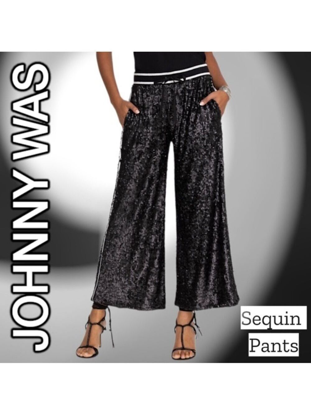 JOHNNY WAS Gabie Wide Leg Fully Lined Pull-On Black Sequin Pants NWT Size: XS